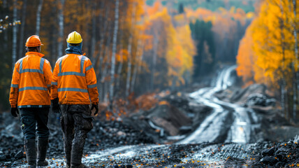 Road construction supervision team Civil engineers work at road construction sites to supervise new road construction and inspect road construction sites.