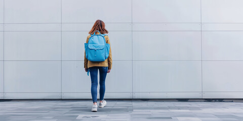 Young Woman Walking with Blue Backpack Against Modern Urban Wall Background