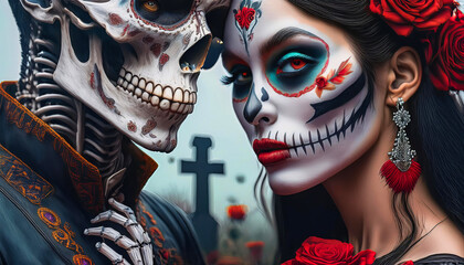 Halloween woman with tattoos and skeleton man La Katrina with dark red flowers, dark tones in shades of gray