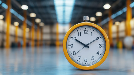 Close-up of a yellow alarm clock in a large industrial warehouse with a blurred background, highlighting the concept of time management and productivity.