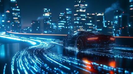 Poster - Futuristic car driving through a neon-lit cityscape at night showcasing vibrant light trails