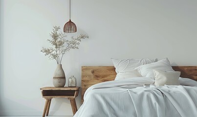 Wall Mural - Minimalist bedroom with an empty bedside shelf.