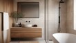 ©  Shomixer - A beautifully designed modern minimalist bathroom featuring sleek wooden accents and fixtures, including a vessel sink, a spacious mirror, and a walk-in shower.