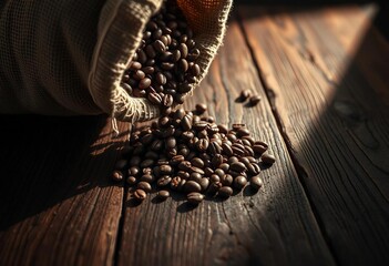 A dramatic low-angle shot captures coffee beans tumbling from a sack onto a vintage wooden table.