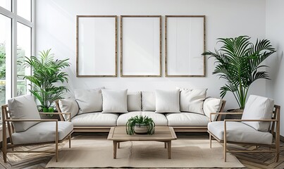 Wall Mural - Minimalist living room with an empty frame cluster.