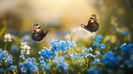 Beautiful summer or spring meadow with blue flowers of forget me nots and two flying butterflies