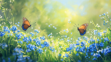 Beautiful summer or spring meadow with blue flowers of forget me nots and two flying butterflies