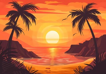 Wall Mural - Flat vector illustration of sunset on the beach with palm trees and cliffs, simple flat style, simple shapes, vector graphic design