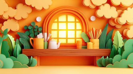 Bright and vibrant paper art scene featuring a sunny window with colorful decorations and greenery, perfect for creative projects.