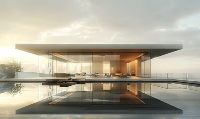 Wall Mural - Minimalist glass villa with open living spaces.