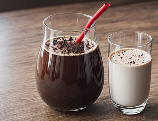 Wall Mural - A glass of chocolate milk is next to a glass of milk