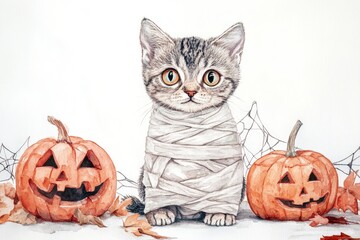 A cat is wrapped in bandages and is sitting in front of two pumpkins. The cat is looking at the camera with a curious expression. The scene has a spooky and eerie mood, with the cat