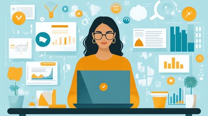 Aufkleber - Woman working on laptop with data analytics charts.