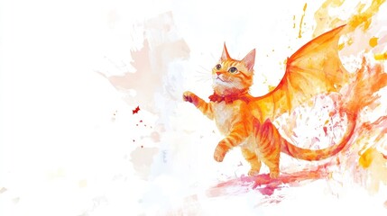 Poster - A cat with a dragon tail is playing with a bug. The cat is orange and the dragon is orange and yellow