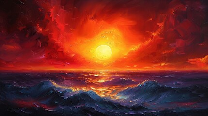 Modern artwork featuring beautiful abstract fiery red sunset at the sea. 