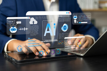 Fototapete - Businessman use artificial intelligence AI technology for enhanced work efficiency data analysis and efficient tools, Unlocking work potential with AI solutions chatbot help solve work problems.