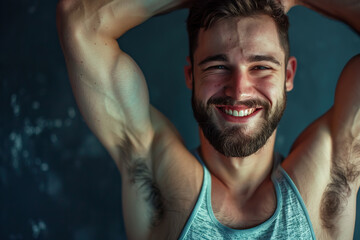 Athletic Caucasian Man Laughing with Arms Raised in a Tank Top at a Gym