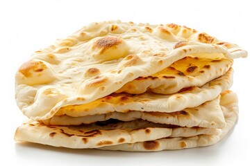 Wall Mural - Naan bread isolated on white background. Stack of Indian flatbread, kulcha, tortilla, roti,  cut-out, png, cutout, clipping path