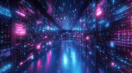 Wall Mural - Futuristic Data Server Room with Neon Lights Reflecting Digital Data Flow