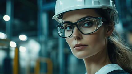 Editorial close-up of an industrial woman wearing glasses and a hard hat, engaged in her work within an industrial facility, captured with realistic and cinematic lighting.