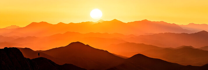 a serene sunset over mountain peaks, casting warm hues across the horizon, capturing nature's beauty