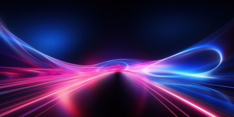 Abstract digital art with blue and pink glowing lines and waves on dark background.