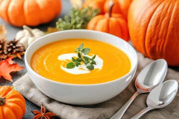 Delicious pumpkin soup in a white bowl garnished with cream and herbs, surrounded by fresh pumpkins and autumn decor on a table.