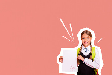 Sticker - Composite photo collage of happy cute schoolgirl show paper sheet excellent mark exam best pupil education isolated on painted background