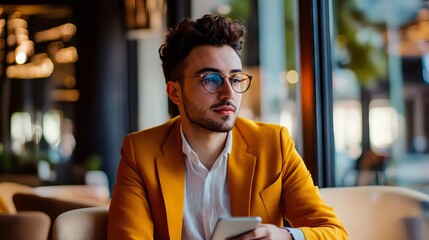 Canvas Print - A man in a yellow suit sitting at a table with a tablet