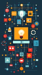 Fototapete - Abstract illustration of a network with a lightbulb at its center.