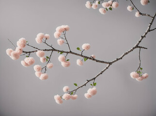 A branch with pink flowers is shown in a grey background