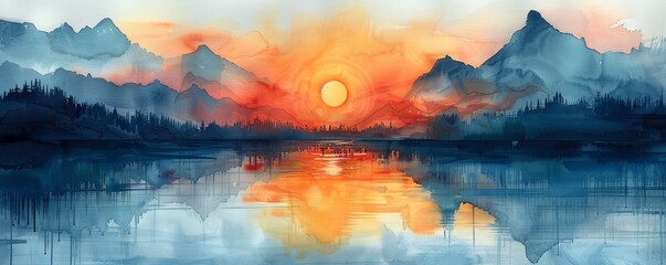 Wall Mural - Watercolor abstract sunset over lake with reflections on white.