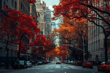 Autumn in New York City with vibrant red foliage lining a quiet street, creating a picturesque urban scene.