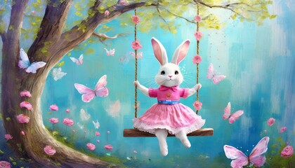 Wall Mural - bunny on a swing