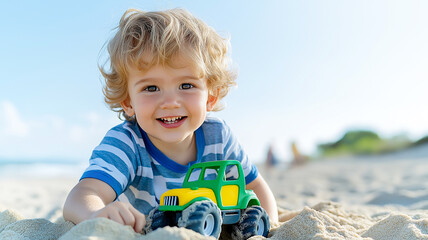 A cheerful young child with blonde curly hair plays with a colorful toy car on a sandy beach. 