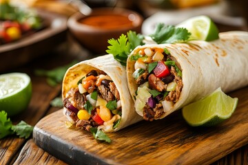 Wall Mural - Delicious burrito filled with grilled meat, beans, vegetables, and fresh toppings on a wooden board