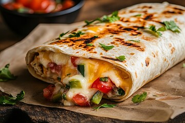 Wall Mural - Freshly grilled burrito filled with cheese, tomatoes, and peppers resting on a wooden table