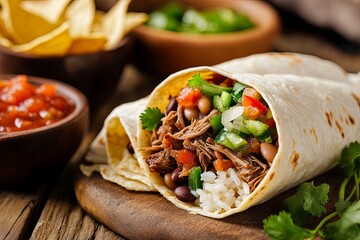 Wall Mural - Delicious burrito filled with beef, beans, rice, and fresh vegetables on a wooden table