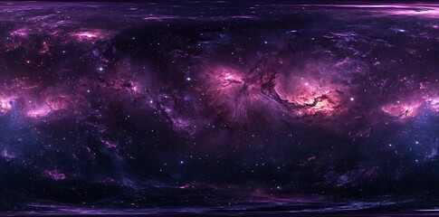 Wall Mural - A panoramic view of a dark nebula with pink and purple hues with scattered stars.