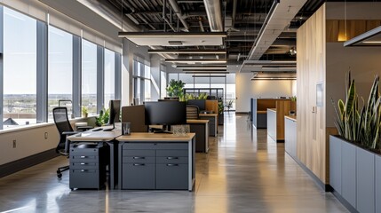 Sticker - A modern business office with an open floor plan, sleek furniture, and collaborative workspaces.