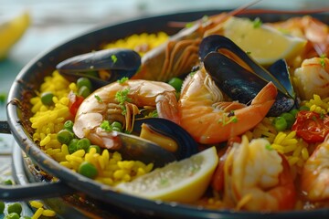 Wall Mural - Close-up of a Delicious Paella with Fresh Seafood