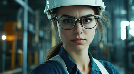 Editorial eye-level shot of an industrial woman in glasses and a white hard hat, looking at the camera while working in an industrial building. Realistic, cinematic style with accent lighting.