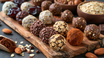 a variety of energy balls made with oats, dates, nuts, and cocoa powder, arranged on a rustic wooden board with a background of scattered ingredients