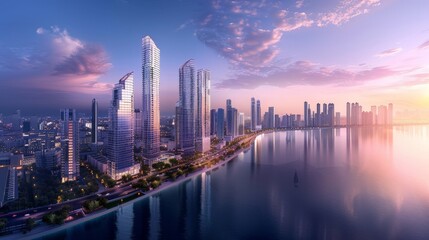 Wall Mural - A panoramic view of a city by the sea, where tall buildings rise majestically against the backdrop of the ocean.