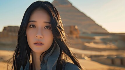 Canvas Print - A portrait of a Chinese woman at Giza's Sphinx, her long black hair cascading over an ancient gray cloak.