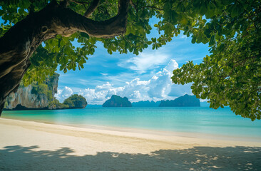 Poster - Beautiful tropical landscape with sandy beach and crystal clear turquoise ocean, with lush greenery and palm trees