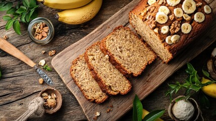 Canvas Print - Delicious Banana Bread with Walnuts on Rustic Wooden Background