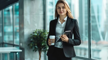 Businesswoman in a suit - Young Caucasian woman wearing a black suit and white shirt. Standing in an office with a background of transparent glass windows showing a view of the city outside.