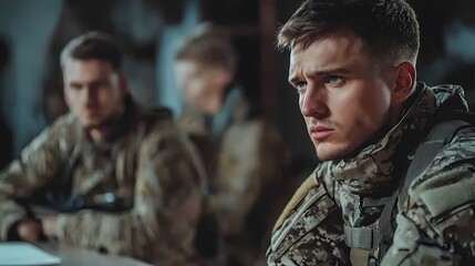 A soldier in camouflage reflects during a serious military briefing with fellow soldiers in a dimly lit environment.