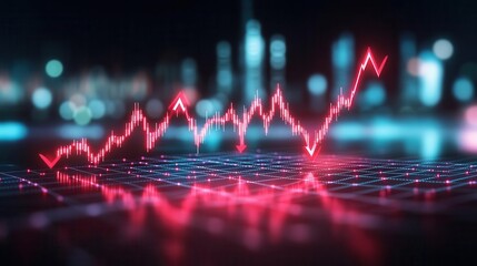 Bearish head and shoulders pattern on digital stock charts, red downward arrows, trading strategy, financial analysis illustration